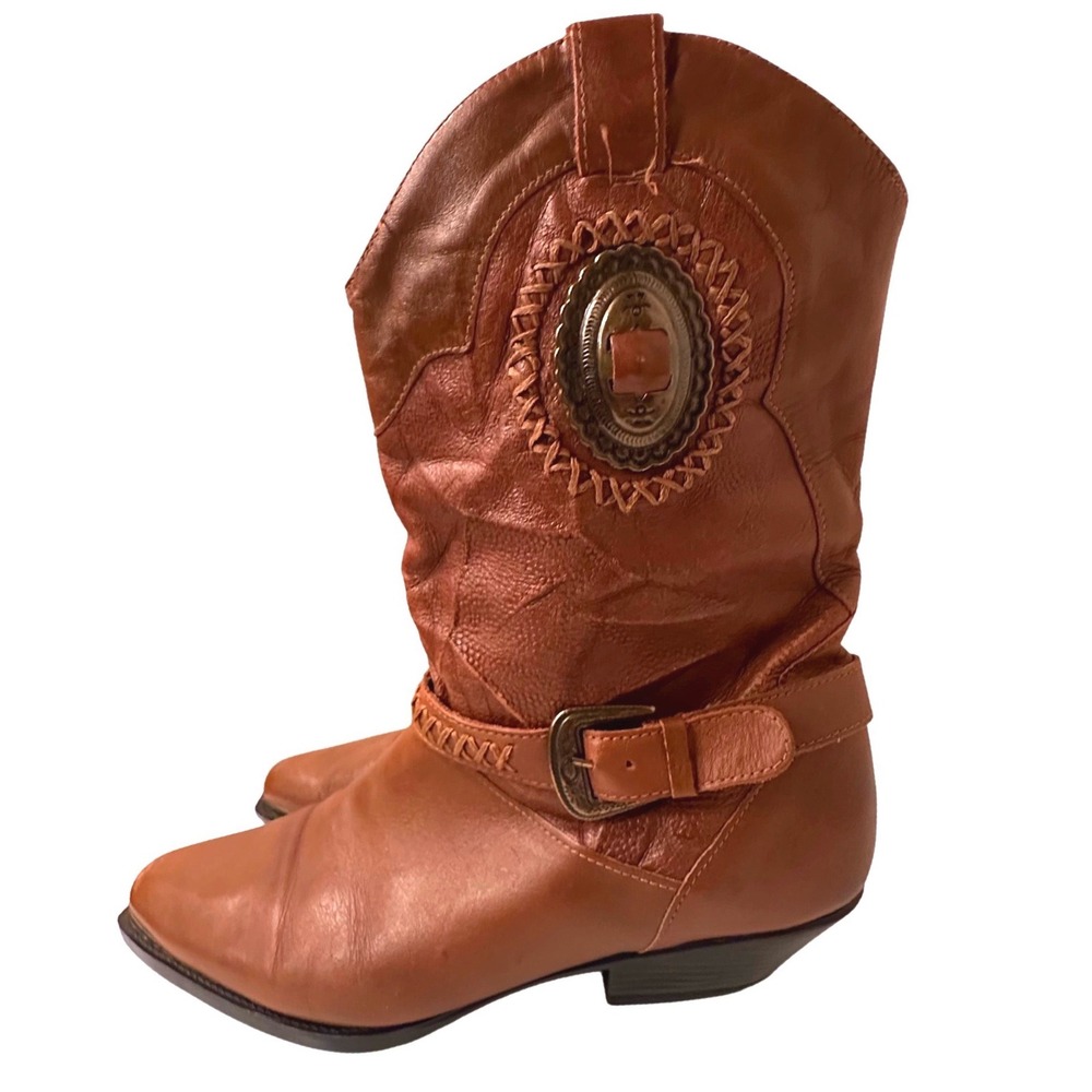 Premiere Collection Y2K Western Boho Concho Leather Brown Boots Brazil Mid Calf